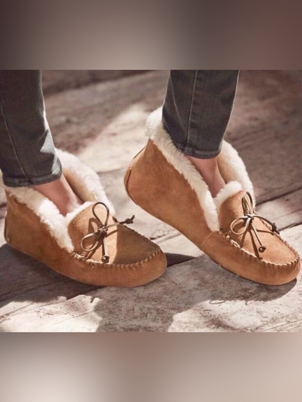UGG Women's Tan Suede Moccasin Slippers with Cream Shearling Trim
